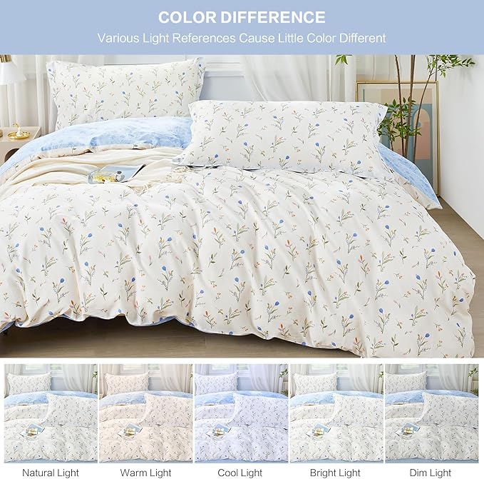 SAPHREAS 2pcs Twin Size Botanical White Duvet Cover Set Blue Floral Bedding Comforter Cover Set 100% Cotton 1 Duvet Cover 68"x90" 1 Pillow Sham, Comforter Not Included