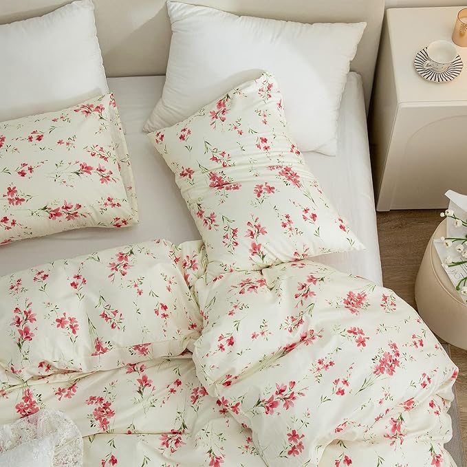 VM VOUGEMARKET Cream Comforter Set Queen Garden Flower Comforter with 2 Pillow Shams Girls Botanical Bedding Set Pink Floral Comforter Set 90x90 Inch