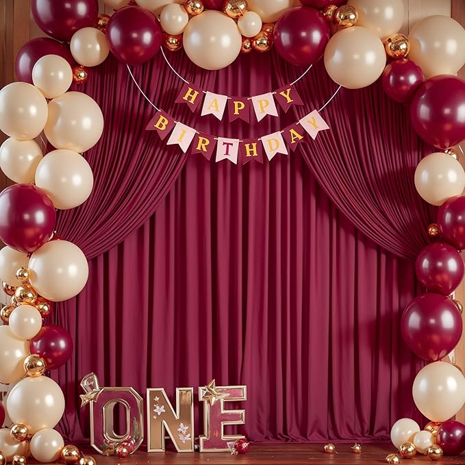 Burgundy Backdrop Curtains 4 Panels - Wrinkle-Free Polyester Photography Drapes for Baby Shower & Birthday Party - 16 X10FT