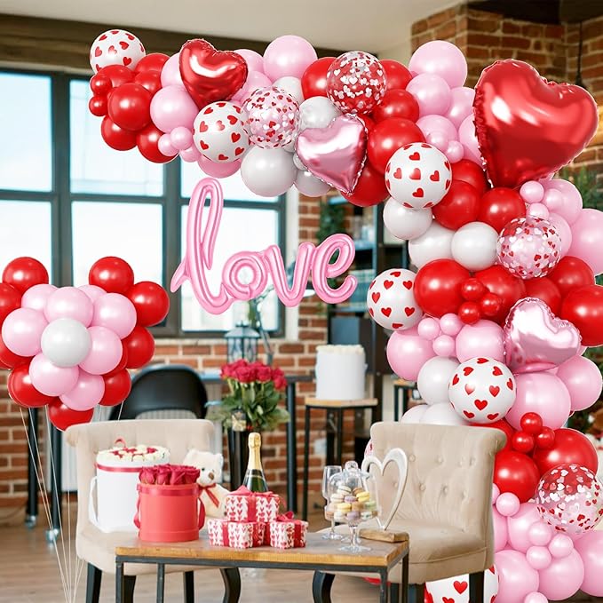 Valentines Day Balloon Arch Garland Kit, Red Pink White Heart Shaped Confetti Latex Balloon with Love Heart Foil Balloons for Happy Valentine Galentines Wedding Anniversary Birthday Party Decorations