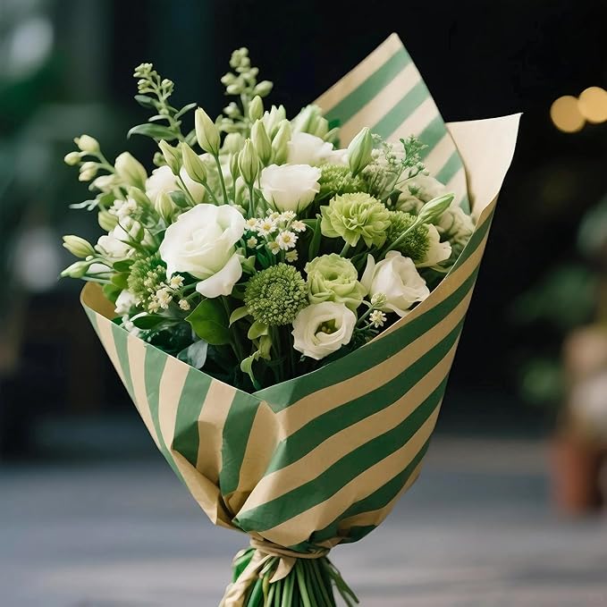 LeZakaa 20 Sheets Kraft Stripe Flower Wrapping Paper, Green Diagonal Stripes Floral Bouquet Paper for Christmas, Valentines, Mothers Day, Party, Birthday, Wedding, Baby Shower