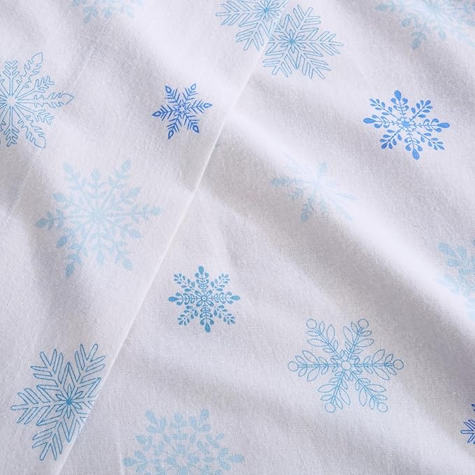 Market & Place 100% Turkish Cotton Flannel Sheet Set | 4 Piece Deep Pocket Novelty Cozy Winter Bed Sheets | Double Brushed for Extra Softness & Comfort | Alpine Collection (King, Blue Snowflake)