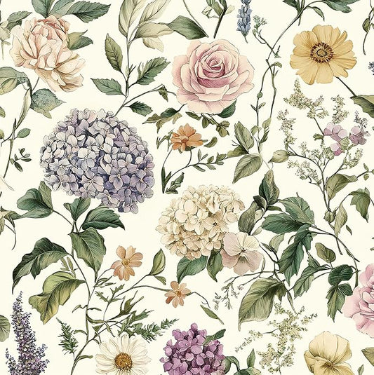 HeloHo Floral Peel and Stick Wallpaper Vintage Floral Contact Paper Boho Flower Botanical Wallpaper Removable Self Adhesive Farmhouse Wall Paper for Cabinets Bathroom Bedroom Vinyl 17.3"x78.7"