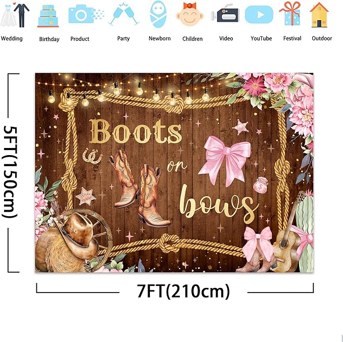 SVBright Gender Reveal Backdrop for Baby Shower 7Wx5H Western Farm Country Boots or Bows Flower Boy or Girl Hat Retro Rustic Decorations Photography Background Banner Photo Booth Studio