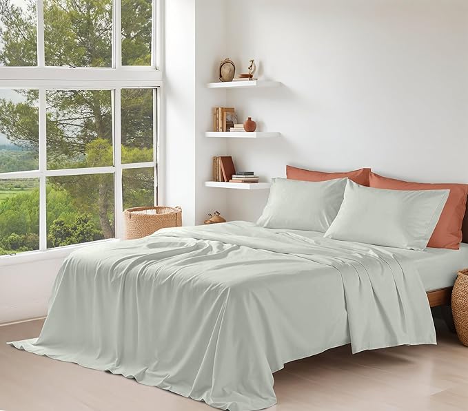 RUVANTI 100% Organic Cotton Sheets Queen Size, Percale Weave, GOTS Certified, 4-Piece Set, Deep Pocket 15", Crisp & Breathable, Soft Durable Bedding, Sábanas Algodón Orgánico – Mineral Gray