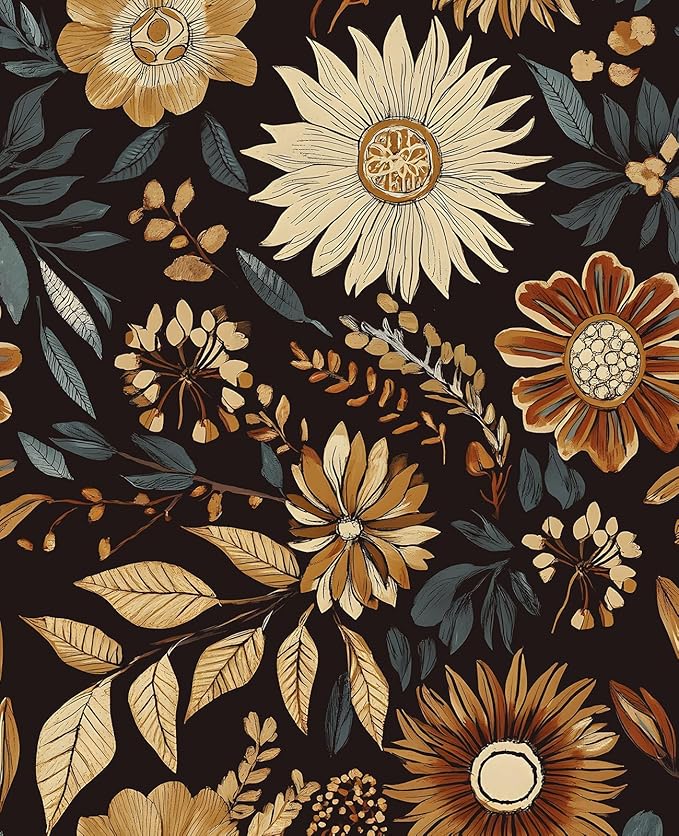 Extra Long Vintage Wallpaper Peel and Stick, 17.5" x 393" Boho Dark Floral Sunflower Contact Paper for Bedroom Cubicle Door, Retro Abstract Removable Antique Wall Paper Art Decor Black Orange