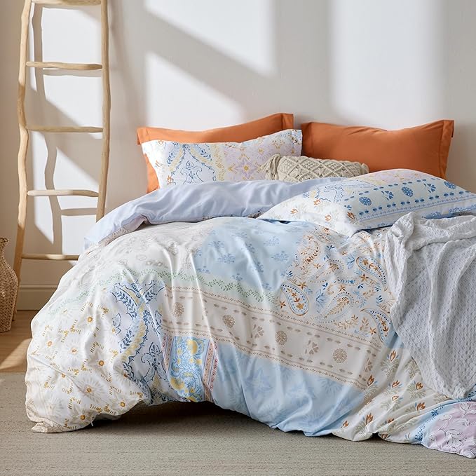 Bedsure Duvet Cover Queen Size - Reversible Vintage Floral Duvet Cover Set with Zipper Closure, 3 Pieces Winter Sky Bedding Set with 8 Corner Ties and 2 Pillow Shams 20"x26"