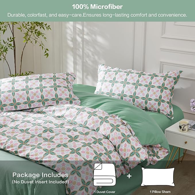 SAPHREAS Twin Boho Duvet Cover Green Paisley Bedding Set with 8 Corner Ties and 1 Pillow Sham Microfiber Reversible Duvet Cover Set with Zipper Closure