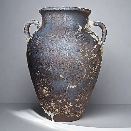 Black Pottery Vase - 10" Rustic Farmhouse vase, Vintage Weathered Terracotta Vases, Handmade Clay vases with Two Handles, Tall Textured Antique Vase for Home Decor, Entryway, Fireplace Mantel Decor