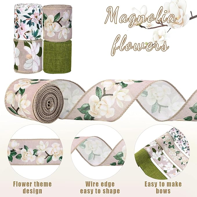 4 Rolls 20 Yards Magnolia Flower Wired Edge Ribbon Spring Floral Patterned Ribbon for Gift Wrapping Wreath Bow Making Craft Supplies, 2.5 inch