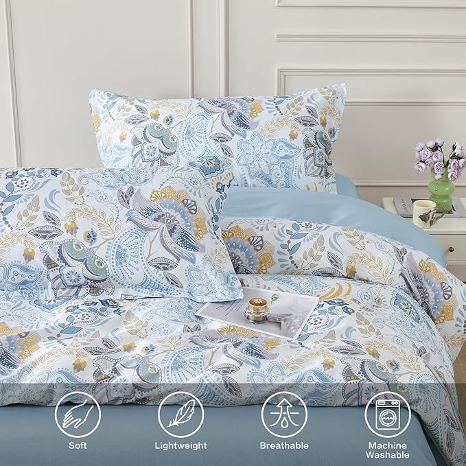 SAPHREAS Blue Floral Duvet Cover Set 2pcs Twin Size Geometric Pattern Botanical Blossom Bedding Comforter Cover Set 100% Cotton 1 Duvet Cover 68"x90" 1 Pillow Sham, Comforter Not Included