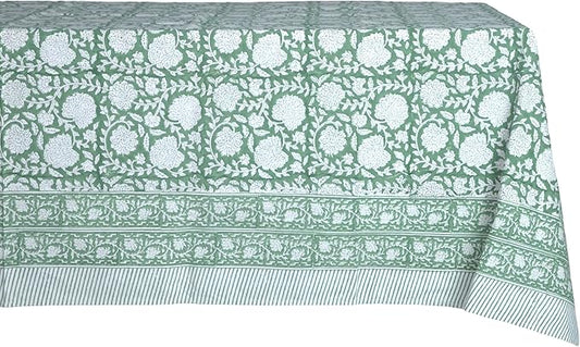 ATOSII Shalimar Green 100% Cotton Spring Summer Tablecloth, Handblock Print Rectangle Table Cover for Dining, Parties, Wedding, Outdoors, Easter Table Cloth I 72 X 140 Inches I 12 Seater