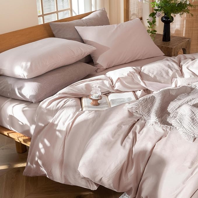 MooMee Bedding Duvet Cover Set 100% Washed Cotton Linen Like Textured Breathable Durable Soft Comfy (Heathered Greyish Pink, Full 80"x90")