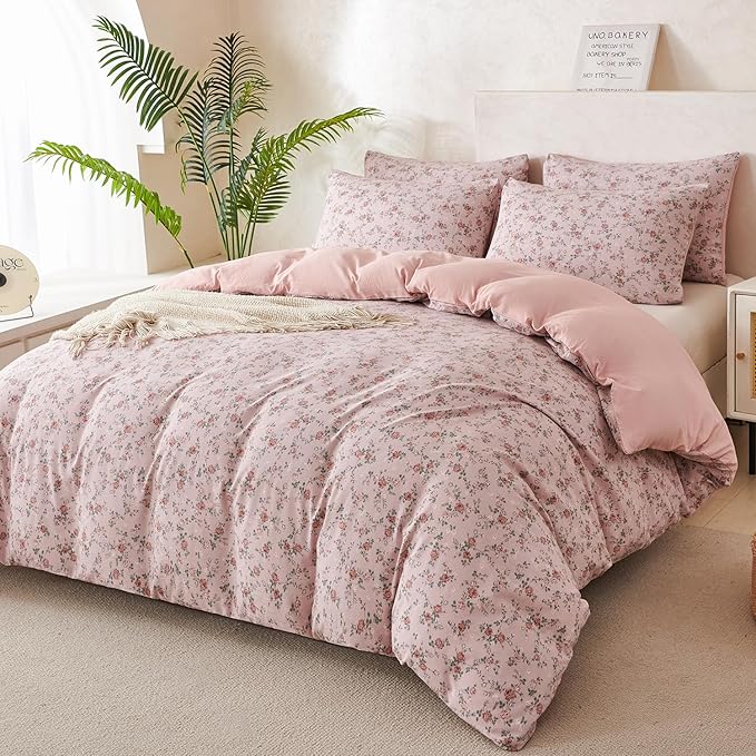 Floral Comforter Set King 3 Pieces Soft Chic Crinkle Gauze Fabric Garden Style Pink Flower Print Botanical Comforter for All Seasons Luxury Warmth Comfy Breathable with 2 Pillowcases