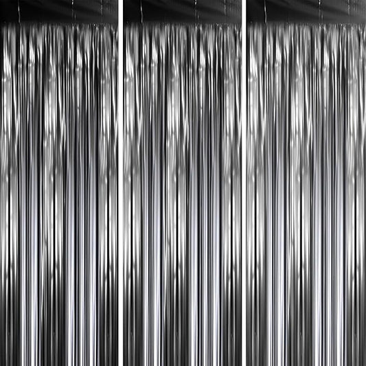 3 Pack 3.3 x 8.2 ft Matte Black Foil Fringe Backdrop Curtains,Gray Tinsel Streamers Party Decorations, Fringe Backdrop, Door Shimmer for New Years, Halloween, Black Theme Party