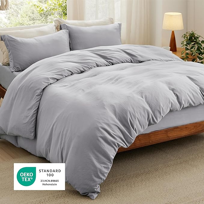 Bedsure Duvet Cover King Size with Fitted Sheet - 4 Pieces Prewashed Cotton-Like Extra Soft Bedding Set, Includes 1 Duvet Cover 104x90 Inches, 2 Pillow Shams, 1 Fitted Sheet, Light Grey