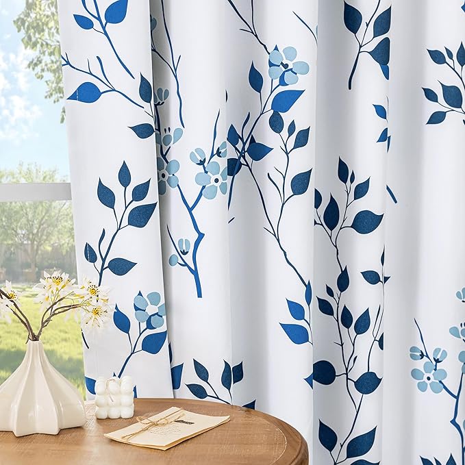 Beauoop Floral 100% Blackout Curtains 90 Inches Long 2 Panels for Bedroom Living Room Navy Blue and White Flower Patterned Room Darkening Thermal Soundproof Grommet Window Treatments Drapes, 52X90