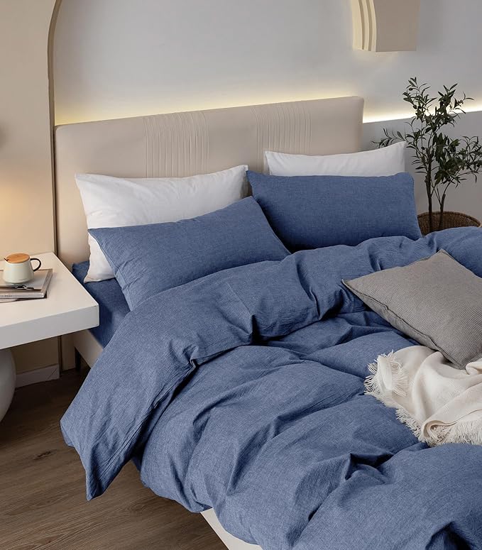 JIYUAN 100% Washed Cotton Duvet Cover Set 3 Pieces King, 1 Duvet Cover 104x90 Inches(Comforter Not Included) and 2 Pillowcases,Linen Like Comfy and Breathable,Heathered Blue