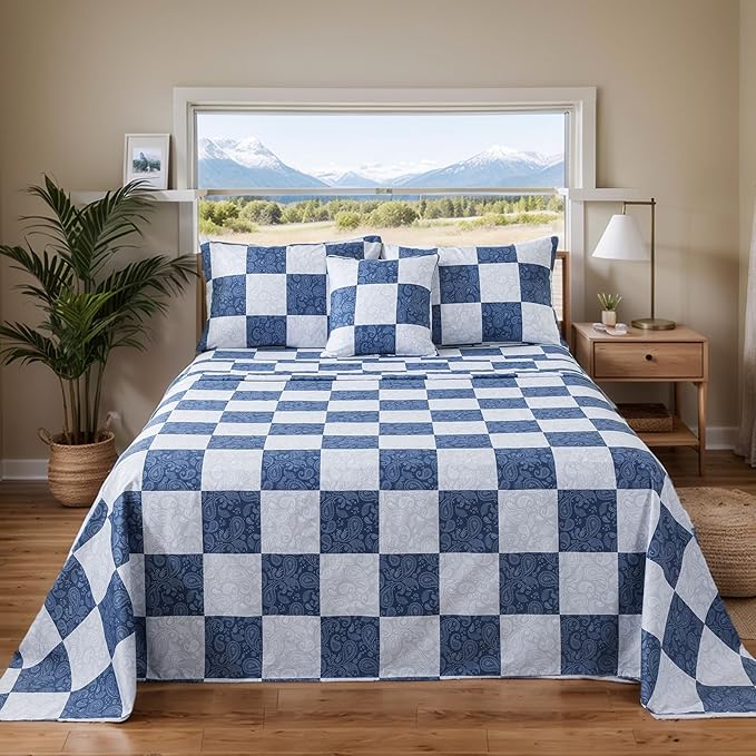 FADFAY Paisley Queen Size Plaid Navy Blue Sheets 100% Cotton Geometric Checker Bedding Teens Grid Grey Gingham Pattern College Bedding Deep Pocket Sheets with 2 Pillowcases Ultra Soft 4pcs, Queen
