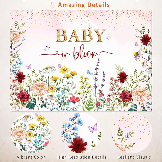 Baby in Bloom Backdrop Wildflower Baby Shower Decorations for Girl,Pink Watercolor Floral Baby in Bloom Baby Shower Party Banner Wild Flower Theme Babyshower Background Photo Booth Props 5x3ft