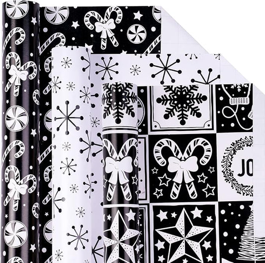LeZakaa Christmas Wrapping Paper Mini Roll - Bell & Tree/Candy Canes/Snowflakes in Black & White for Gift Wrap, Arts Crafts - 17 x 120 inches - 3 Rolls (42.5 sq.ft.ttl.)