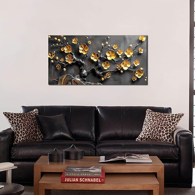 Large Canvas Wall Art for Living Room Bedroom Home Office Grey and Gold Metal Color Plum Blossom Picture Modern Canvas Prints Framed Wall Decor Size 20x40