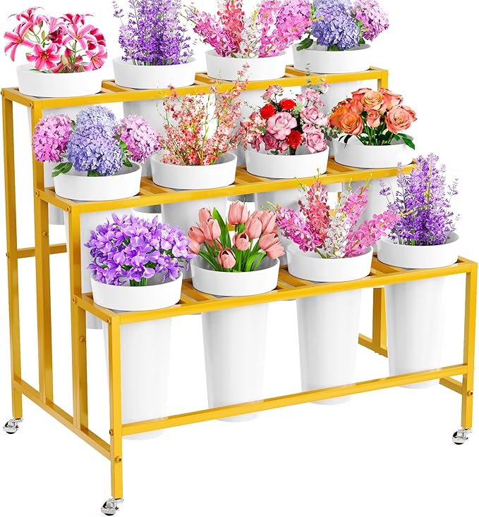Asee'm Flower Display Stand with 12 Buckets, 3-Tier Flower Stand with Wheels, Heavy Duty Moving Metal Plant Bar Cart Stands Florist Bouquet Shelf for Indoor Outdoor Patio Garden(Gold - Round Bucket)