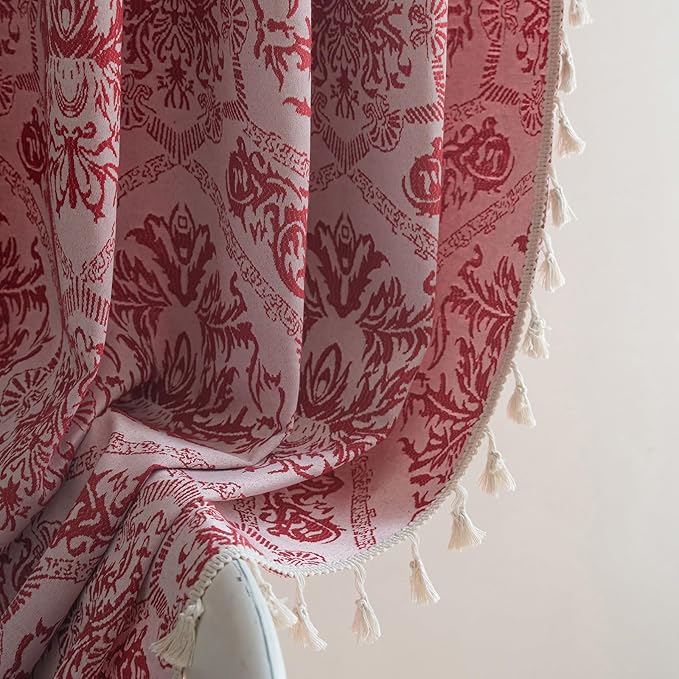 ENJOYBRIDAL Red Damask Curtains 96 Inches Living Room Bedroom Drapes 2 Panel Sets Vintage Semi Sheer Long Window Curtain Panels Dining Room Rod Pocket Jacquard Medallion Patterned Window Treatments