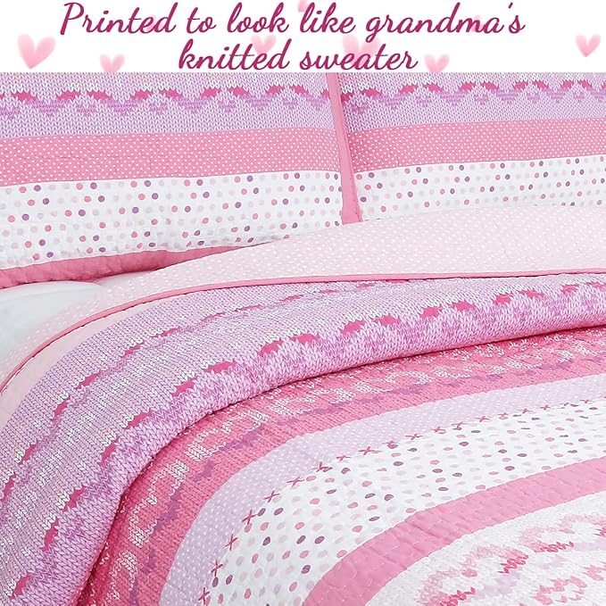 Cozy Line Home Fashions Cute Pink Butterfly Stripe Hearts 100% Cotton Soft Bedding Quilt Set, Coverlet, Bedspread (Queen - 6 Piece)