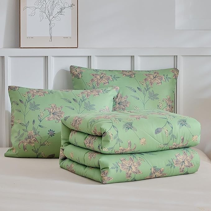 VM VOUGEMARKET Green Floral Bedding Twin XL Comforter Sets Soft Microfiber Vintage Garden Flower Bedding Comforter Set 1 Comforter & 2 Pillowcases Chic Botanical Comforter Set for Girls