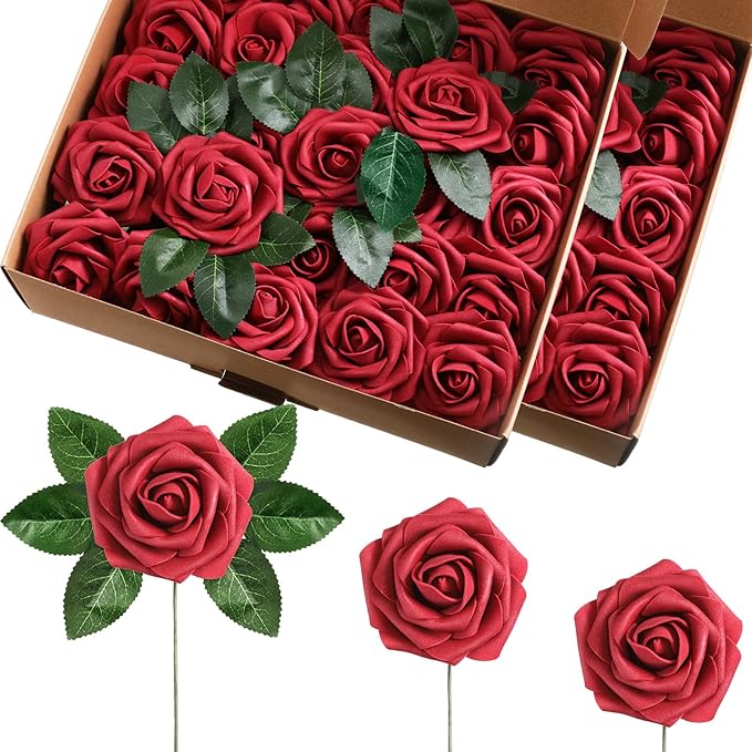 100 Pieces Artificial Foam Rose Flowers Faux Bouquet with Leaves and Stems for DIY Wedding Bouquets Centerpieces Bridal Shower Party Valentine Home Decorations(Burgundy)