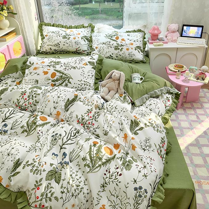 Vintage Green Floral Duvet Cover King 100% Cotton Ruffle Duvet Cover Aesthetic Flower Comforter Cover Green Ruffle Bedding Cottagecore Comforter Cover Boho Farmhouse Duvet Cover with Zipper Closure