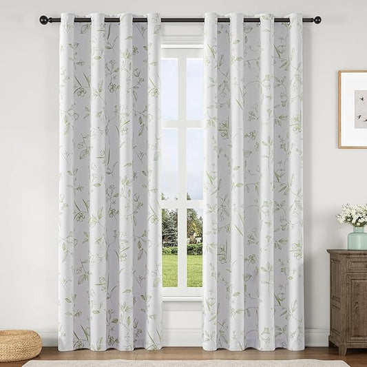 ChrisDowa 100% Blackout Floral Curtains 72 Inches Long 2 Panels for Bedroom Living Room Sage Green Flower Patterned Room Darkening Thermal Insulated Soundproof Grommet Window Treatments Drapes,52X72
