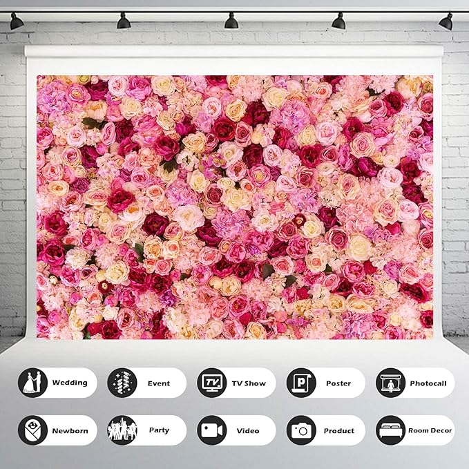 Flower Backdrop Pink Red Rose Flowers Floral Wall Photography Background Birthday Baby Shower Wedding Party Banner Anniversary Decorations Children Adults Portrait Video Studio Prop 8x6ft