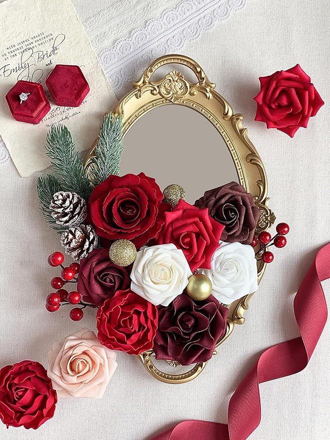 Christmas Artificial Flowers Red Burgundy Roses Bouquet for DIY Xmas Wreath Bridal Wedding Shower Decorations Party Table Centerpieces Fake Floral Arrangement Home Decor Indoor