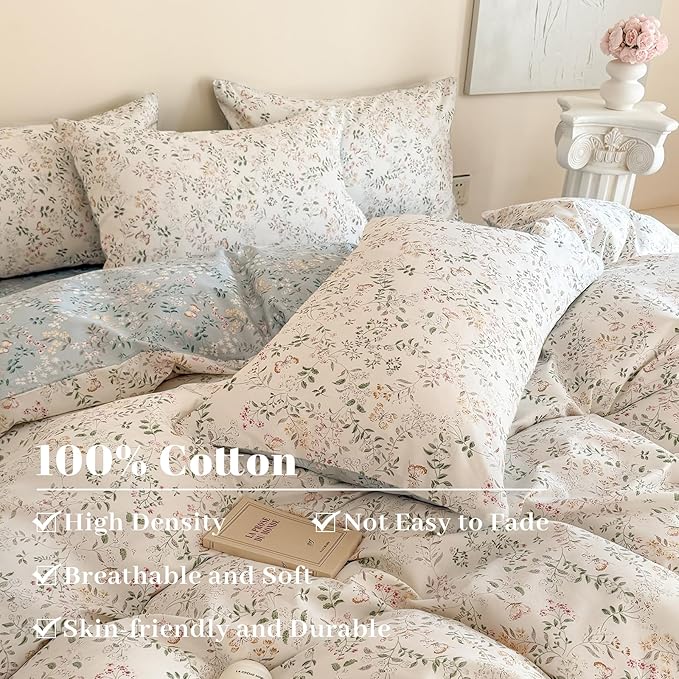 EAVD Garden Botanical Floral Duvet Cover Queen Soft Cotton Chic Shabby Floral Leaves Pattern Bedding Set with 2 Pillowcases Fresh Cute Botanical Comforter Cover with Zipper Closure