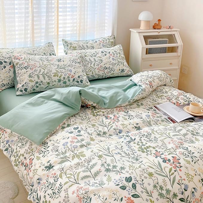 HighBuy Lightweight Duvet Cover Twin Multi Color Flowers Bedding Set Kids Girls Vintage Botanical Chic Cotton Comforter Cover Peach Green Floral Bedding Sets Twin Girls Duvet Cover Set