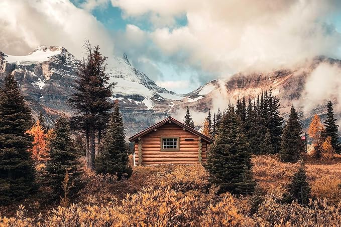 Assiniboine Mountain Chalet Mural in Autumn Forest for Living Room, Dining Room, Bathroom Backdrop Decoration（Non-self-Adhesive）