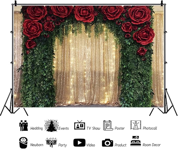 10x8ft Wedding Backdrop Red Rose Flowers Gold Sequin Wall Greenery Leaves Photography Background Bridal Wedding Party Banner Decorations Supplies Photo Booth Props