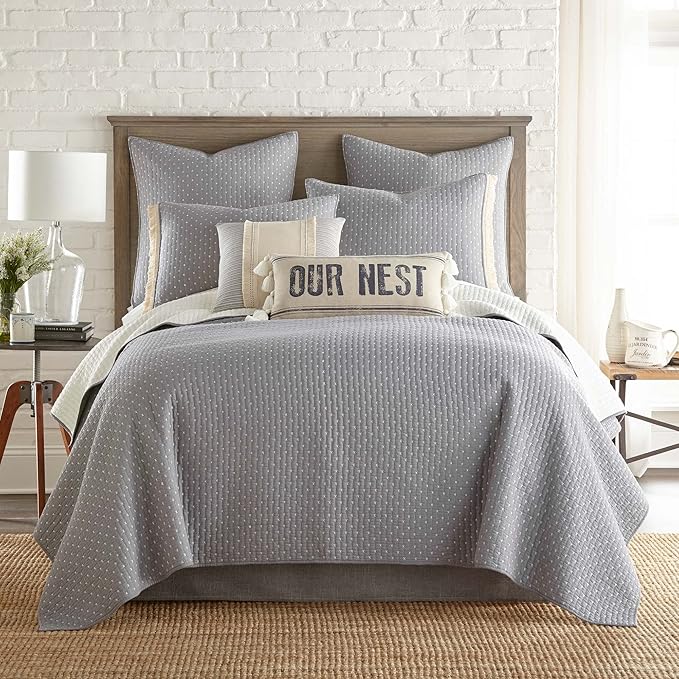 Levtex Home Cross Stitch Reversible Full/Queen Quilt Set (88x92in) and 2 Pillow Shams (26x20in) - Stitch Texture - Grey and White - Cotton Queen Size Quilt Bedding Set - Lightweight Soft Pre-Washed