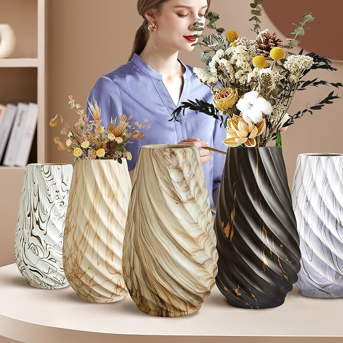 10 inch Tall Ribbed Ceramic Vase for Flowers,Boho Vases for Pampas Grass,Fluted vase,Simple Modern Decorative Vase for Home Decor Table Centerpieces (Pink Stripe)