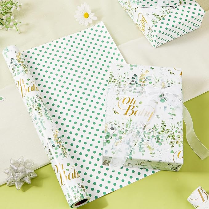 WERNNSAI Sage Green Wrapping Paper Roll - 1 Roll 17”x 33 ft Baby Shower Wrapping Paper Green Flower Floral Gift Packing Supply Wedding Bridal Shower Wrap Decor for Baby Girls Birthday Festival Party