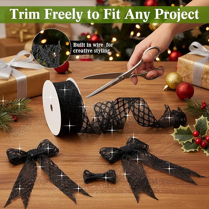 Geosar 20 Yards Black Mesh Glitter Wired Ribbon for Christmas Tree Decorations, Gift Wrapping, DIY Craft, Xmas Wreaths, Cabinet Decor (2.5 Inch)