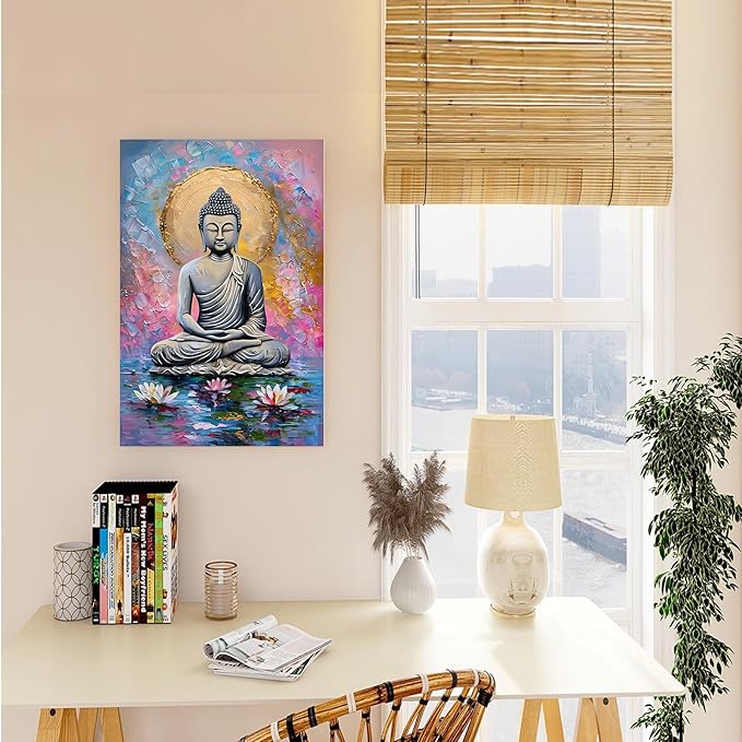 Lotus and golden Buddha meditation tranquil zen wall art mindfulness wall art for spiritual harmony and tranquility decor 8x12in Wood Framed