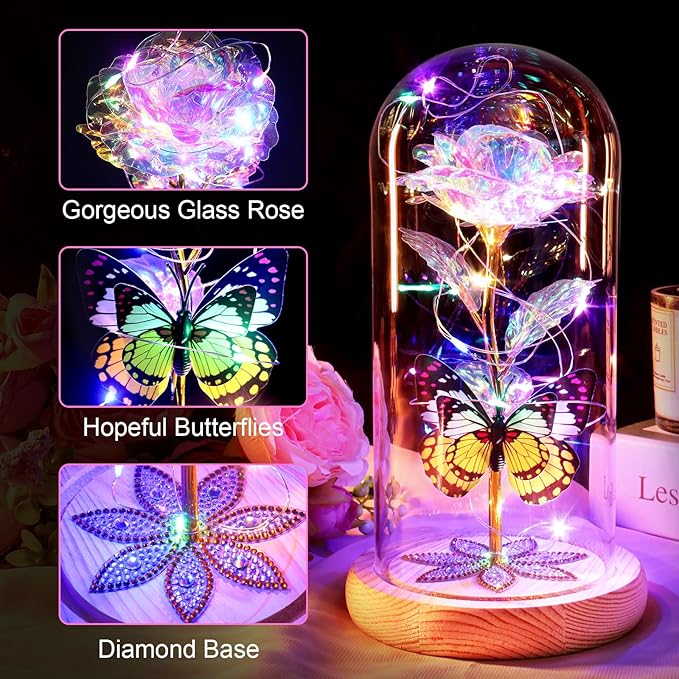 Beferr Christmas Rose Gifts for Women Mom Birthday Gifts, Galaxy Glass Rose Forever Preserved Flowers for Delivery Prime Light Up Rose in Glass Dome with Butterfly Xmas Gifts for Grandma Her Wife
