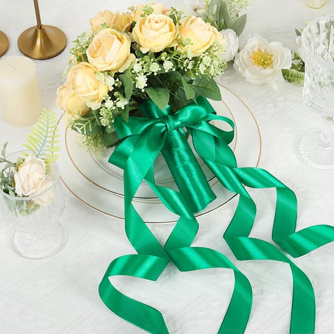 Green Ribbon 1 Inch 60 Yards, Green Satin Ribbon for Flower Bouquet, Graduation Lei, Crafts, Gift Wrapping, Baby Shower, Christmas and Wedding Decorations