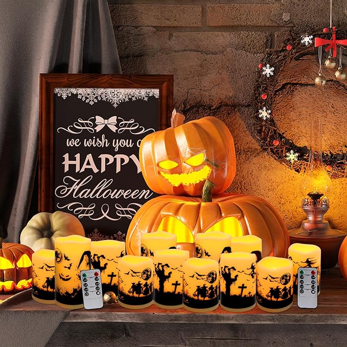12-Pack Halloween Ink Painting Large Electronic Waxes with Remote Control, Flameless LED Candles for Halloween Spooky, Halloween Ambient Sense Artifacts.