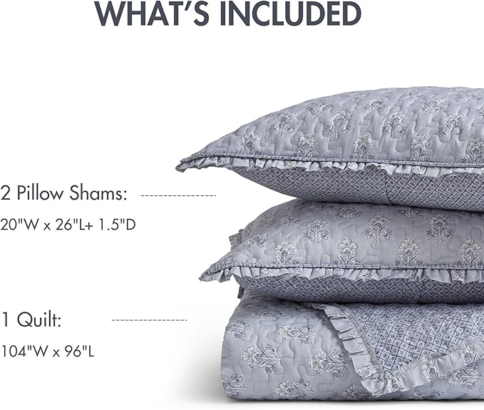 Madison Park Vintage Floral Quilt Set King Size, Reversible Bedding & Lightweight Bedspread Set, Traditional Block Print Coverlets with Ruffled Edge, 3-Piece with 2 Shams, Blue