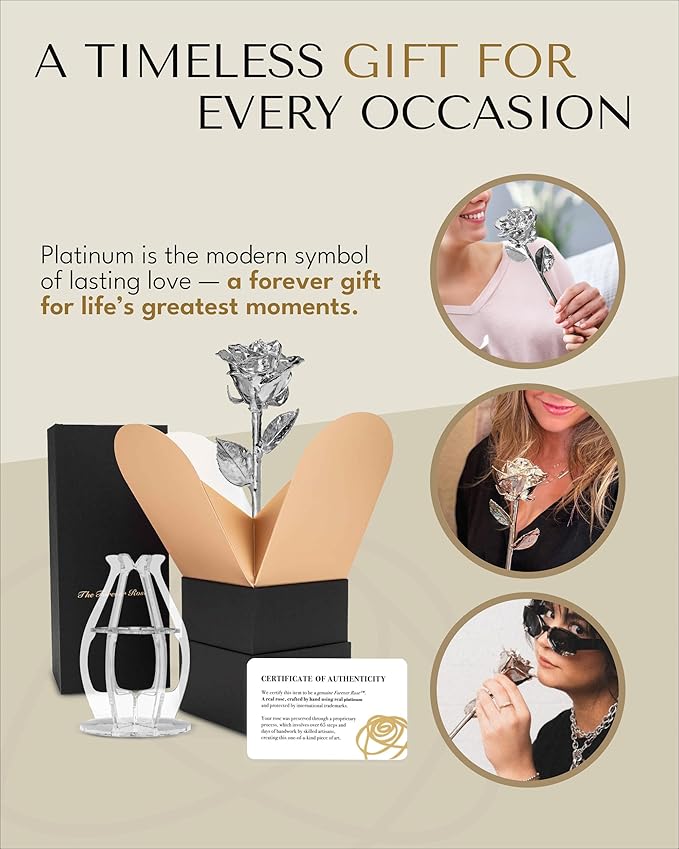 Forever Rose Real Rose Dipped in Platinum, Handcrafted Preserved Rose in Bloom Box and Phantom Vase, Romantic Gift for Her, Elegant Keepsake for Anniversary, Birthday, or Any Special Occasion