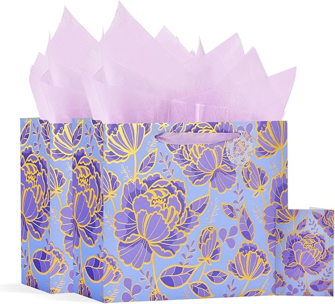 Bloomwords 13" Mother’s Day Gift Bags with Card Tissue(Rose Flower) for women Celebrating Birthdays, Valentine's Day, Weddings, Anniversaries(Purple,2PCS Flower Gift Bag)
